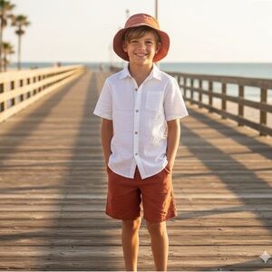 White and Brown Kids Button Down Shirt Set